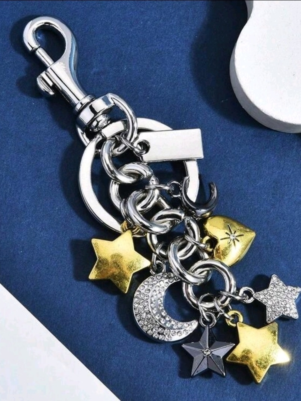 Two-Tone Star & Moon Charm Keychain - Women's Accessory